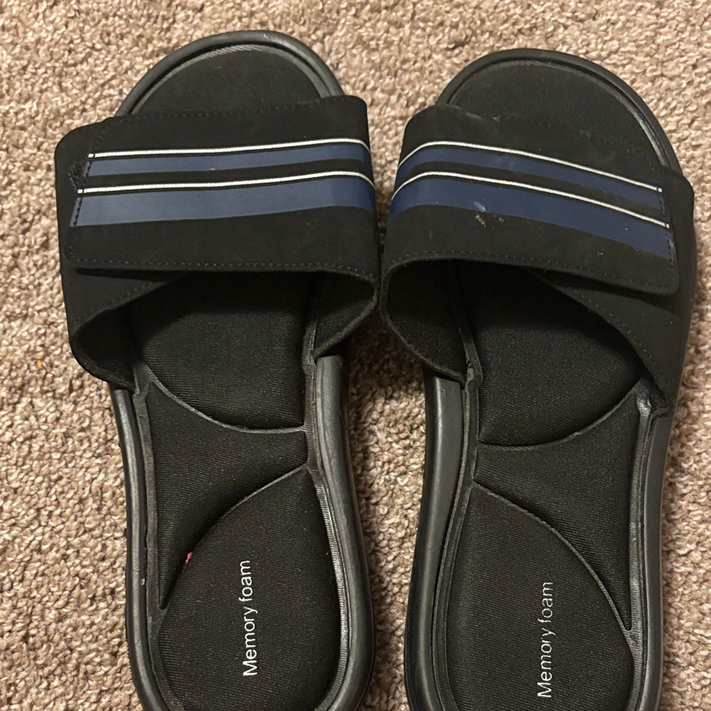 Black Slide Sandals with Navy Stripes